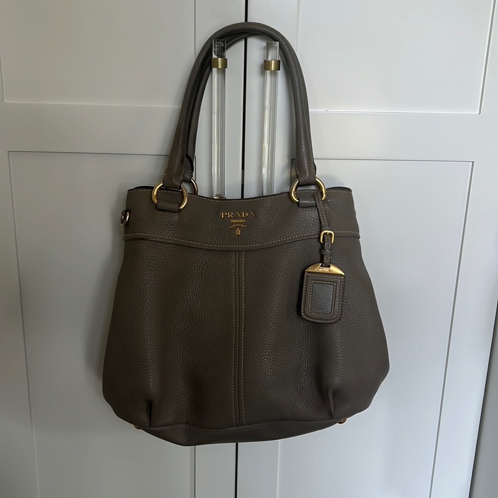 Prada Milano Authentic Gray Leather Top Handle Bag with Shoulder Strap.
